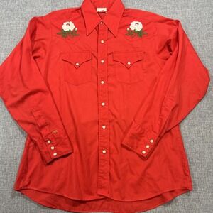 True Vintage Ely Plains Western Pearl Snap Large Red Embroidered Flower Rose
